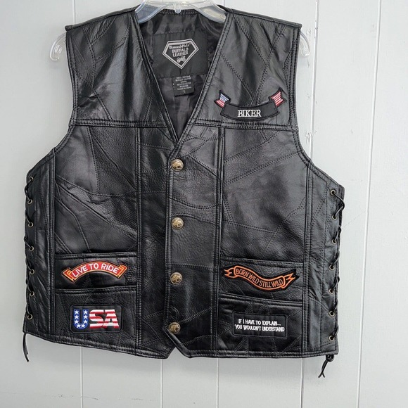 Diamond Plate Buffalo Leather Retro Black Biker Patch Motorcycle Vest Mens Sz L - Picture 1 of 16